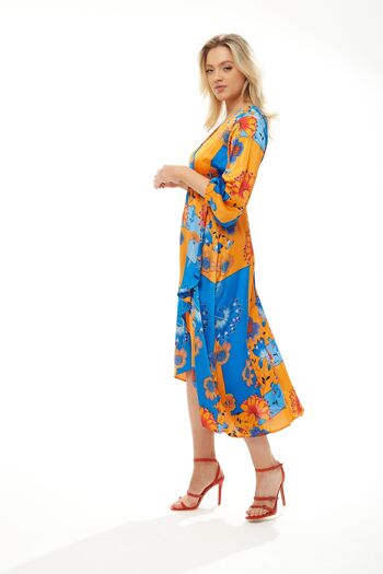 Robe mi-longue Liquorish à imprimé floral orange et bleu - Taille 12 7