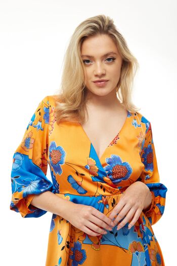 Robe mi-longue Liquorish à imprimé floral orange et bleu - Taille 12 2