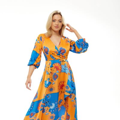 Liquorish Midi Dress In Orange & Blue Floral Print - Size 14
