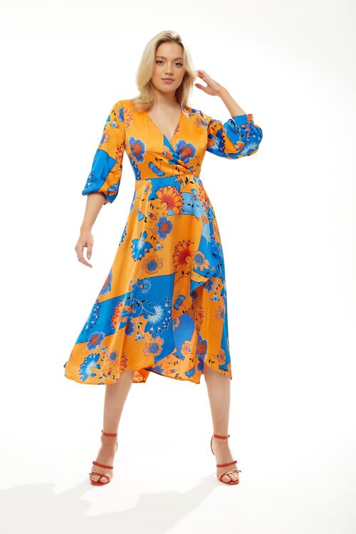 Liquorish Midi Dress In Orange & Blue Floral Print - Size 16