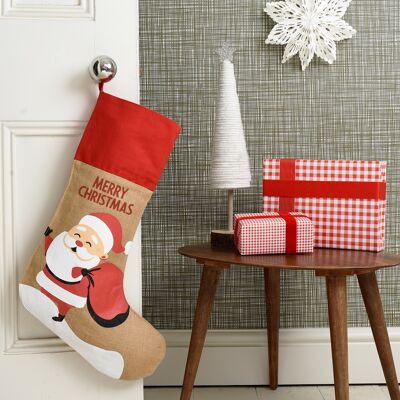 Calcetín navideño de Papá Noel con puño de algodón rojo