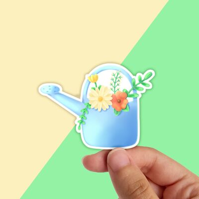 Watering Can With Flowers, Waterproof Vinyl Sticker, Spring Stationery, Waterbottle Sticker