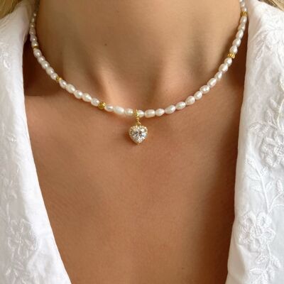 Freshwater Pearls Beded Necklace, Heart Charm Necklace, Pearls Pendant, CZ Heart Pendant, Gift for Her, Made in Greece.