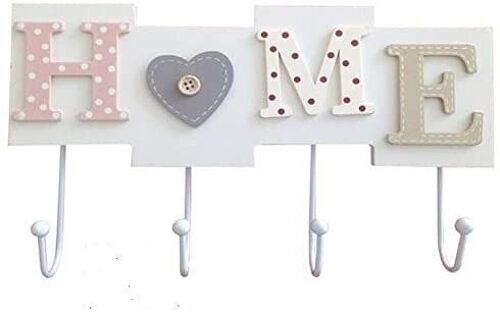 Wooden wall hanger with 4 hooks and the word HOME 28x17x4.5cm