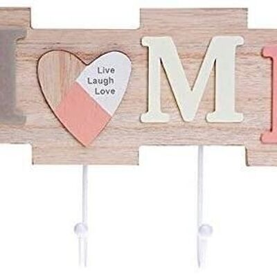 Percha de madera con 4 ganchos y frase HOME, LIVE, LAUGH, LOVE 28x17x4,5cm