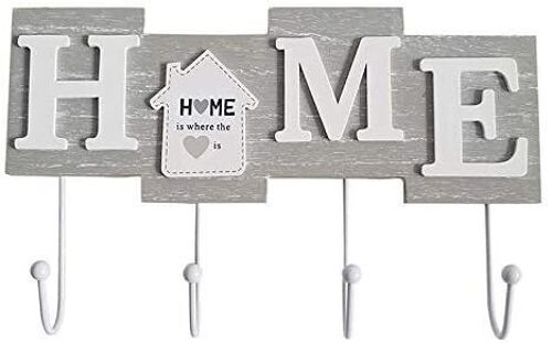 Wooden hanging coat rack with 4 hooks and the phrase HOME IS WHERE THE HEART IS 28x17x4.5cm