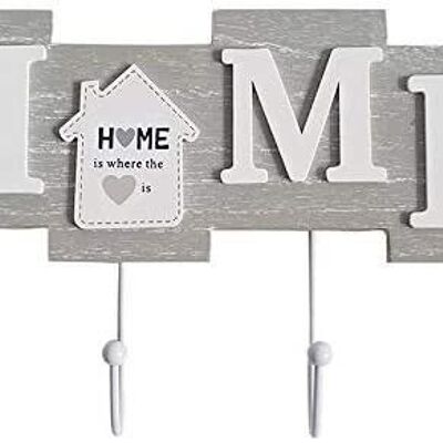 Wooden hanging coat rack with 4 hooks and the phrase HOME IS WHERE THE HEART IS 28x17x4.5cm