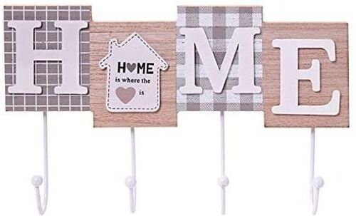 Wooden hanging coat rach and keys with 4 hooks and the phrase HOME IS WHERE THE HEART IS 28x17x4.5cm
