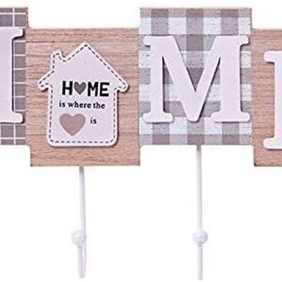 Wooden hanging coat rach and keys with 4 hooks and the phrase HOME IS WHERE THE HEART IS 28x17x4.5cm