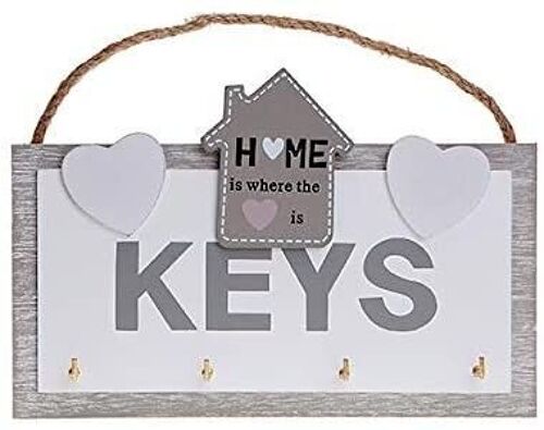 Wooden hanging key holder for wall with 4 hooks and the phrase HOME IS WHERE THE HEART IS 20x18x2.5cm