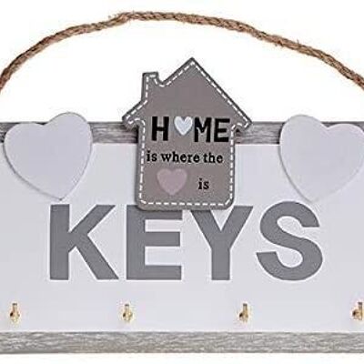 Wooden hanging key holder for wall with 4 hooks and the phrase HOME IS WHERE THE HEART IS 20x18x2.5cm