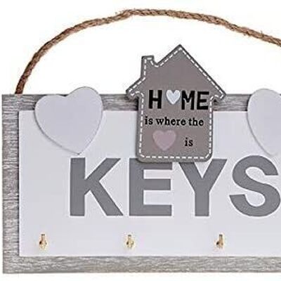 Porte-clés suspendu en bois pour mur avec 4 crochets et la phrase HOME IS WHERE THE HEART IS 20x18x2.5cm