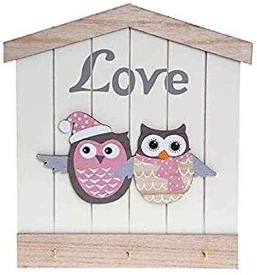 Wooden Hanging Key Holder for wall with 3 hooks, the word LOVE and 2 owls