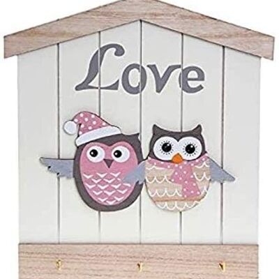 Wooden Hanging Key Holder for wall with 3 hooks, the word LOVE and 2 owls