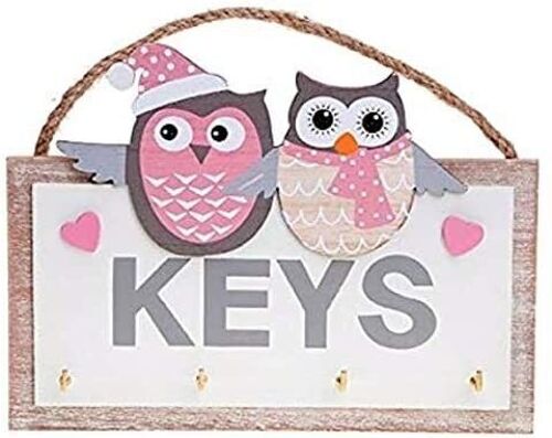 Wooden Key Holder with 4 hooks and 2 owls 23x20x2.5cm