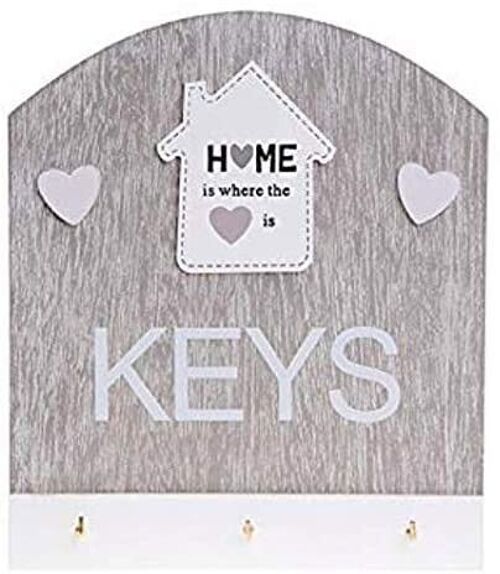 Wooden hanging key holder for wall with 3 hooks and the phrase HOME IS WHERE HEART IS  19x22x2.5cm