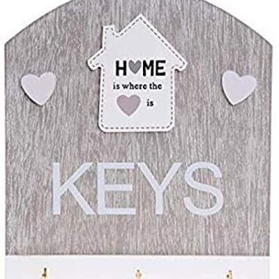 Portachiavi da parete in legno con 3 ganci e scritta HOME IS WHERE HEART IS 19x22x2.5cm