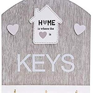 Porte-clés suspendu en bois pour mur avec 3 crochets et la phrase HOME IS WHERE HEART IS 19x22x2.5cm