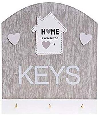 Porte-clés suspendu en bois pour mur avec 3 crochets et la phrase HOME IS WHERE HEART IS 19x22x2.5cm 1