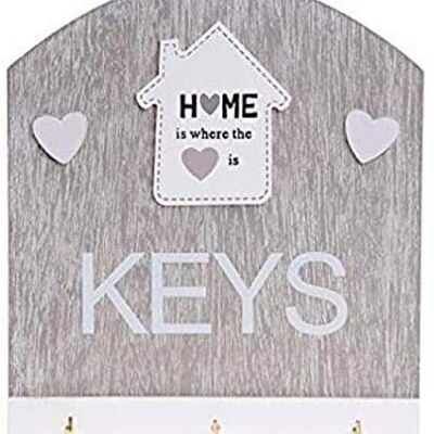 Wooden hanging key holder for wall with 3 hooks and the phrase HOME IS WHERE HEART IS  19x22x2.5cm