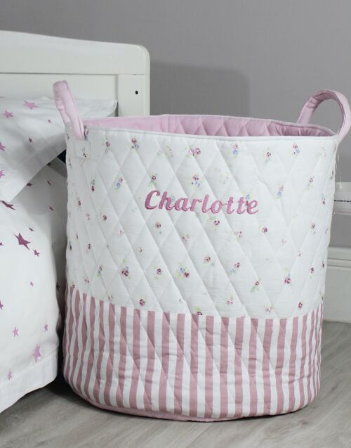 Quilted Toy Bag - Floral & Pink Stripe Base
