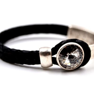 Pulsera de cuero Black Glamour con Cristal Premium de Soul Collection en Plata Patina 95