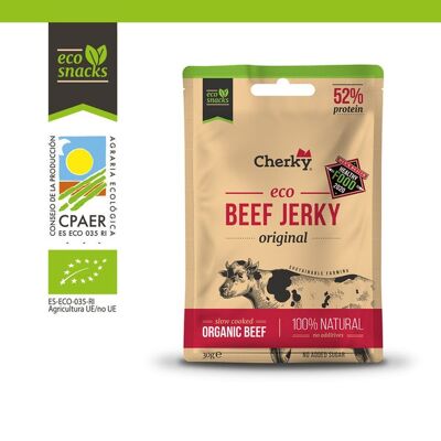 Cherky Bio Beef Jerky Original 30g. Bio-Kalbsnack; Ohne raffinierten Zucker, ohne Zusatzstoffe, ohne Konservierungsstoffe, ohne Laktose.