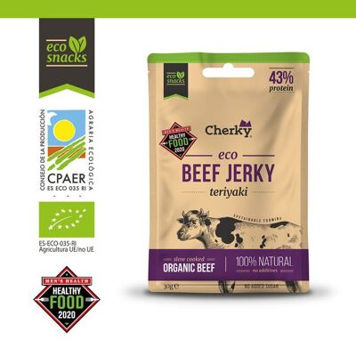 Cherky Eco Beef Jerky Teriyaki 30g. Bio-Kalbsnack; Ohne raffinierten Zucker, ohne Zusatzstoffe, ohne Konservierungsstoffe, ohne Laktose.