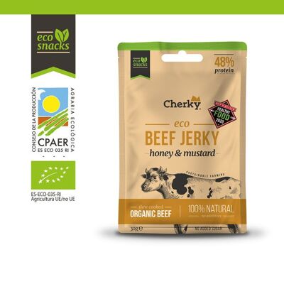 Cherky Eco Beef Jerky Miele e Senape 30g. Snack biologico di vitello; Senza zucchero raffinato, senza additivi, senza conservanti, senza lattosio.