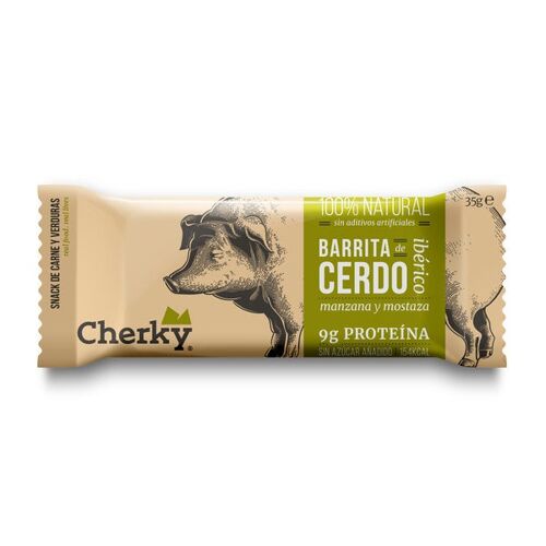 Cherky Barrita De Cerdo Ibérico con Manzana y Mostaza 35g. Alto en Proteína, Sin Azúcar, Sin Aditivos, Sin Conservantes, Sin Lactosa, Sin Gluten.