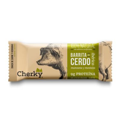 Cherky Iberischer Schweineriegel mit Apfel und Senf 35g. Proteinreich, ohne Zucker, ohne Zusatzstoffe, ohne Konservierungsstoffe, ohne Laktose, ohne Gluten.