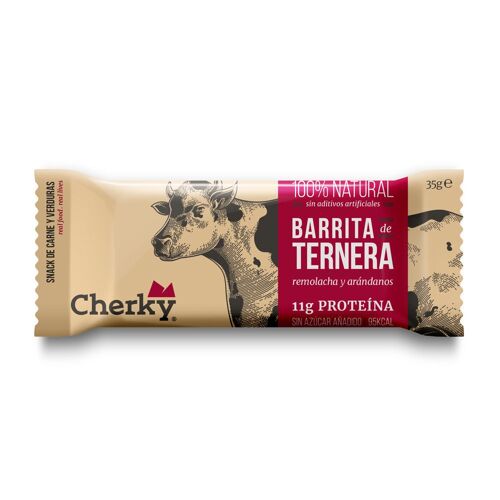 Cherky Barrita De Ternera con Remolacha y Arándanos 35g. Alto en Proteína, Sin Azúcar, Sin Aditivos, Sin Conservantes, Sin Lactosa, Sin Gluten.