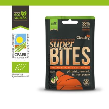 Cherky Eco Crunchy Superbites 30g. Crackers de porc aux pistaches, patates douces et curcuma. 1