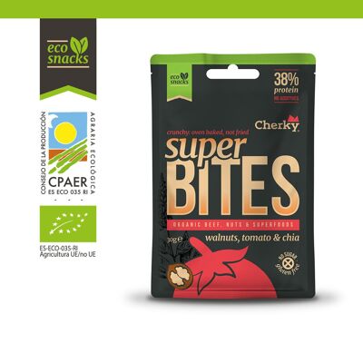 Cherky Eco Crunchy Superbites 30g. Veal crackers with walnuts, tomato and chia.
