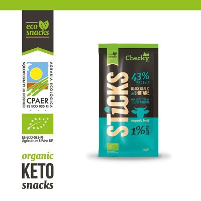 Cherky Eco Snack of Beef Sausage with Shiitake and Sesame. No Additives, no preservatives, gluten free, lactose free 25g
