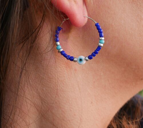 Boucles d'oreilles créoles en perles et Oeil Nazar Boncuk - Bleu et argenté