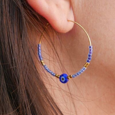 Kreolische Ohrringe aus Perlen und Eye Nazar Boncuk - Blau und Gold