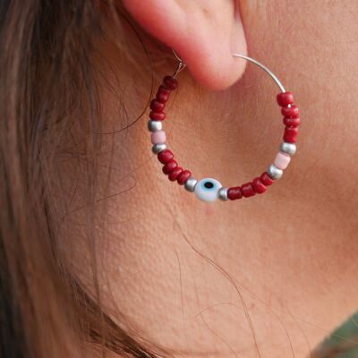 Boucles d'oreilles créoles en perles et Oeil Nazar Boncuk - Rouge et doré