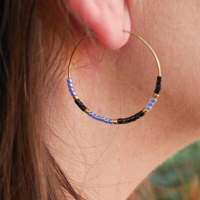 Boucles d'oreilles créoles en perles Miyuki - Bleu, noir, or