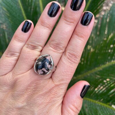 Anello regolabile in rodonite naturale, cabochon a forma di goccia, Made in France