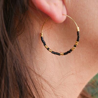 Miyuki pearl golden hoop earrings - Black