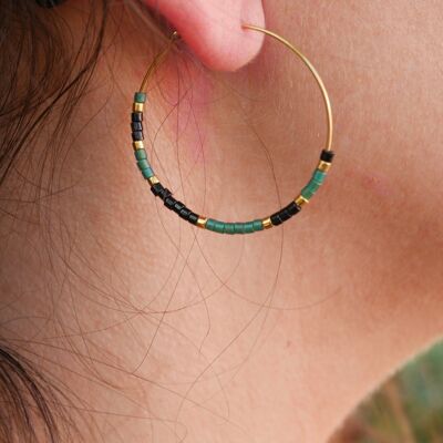 Golden hoop earrings with Miyuki pearls - Green and black