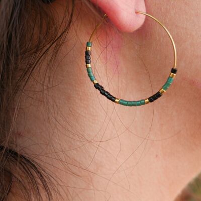 Golden hoop earrings with Miyuki pearls - Green and black
