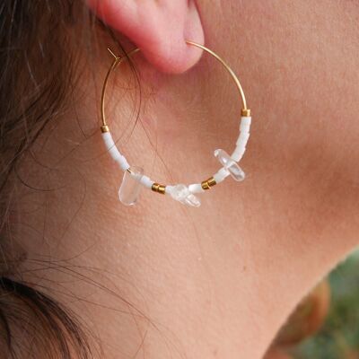 Boucles d'oreilles créoles en perles Miyuki et Cristal de roche - Blanc