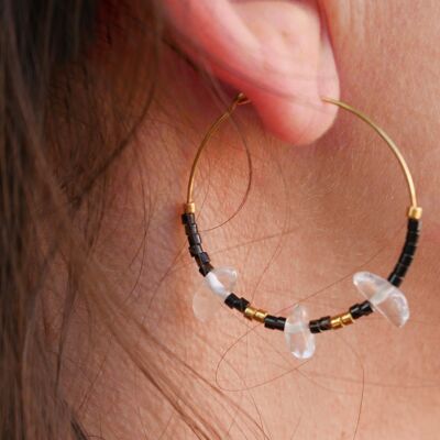 Boucles d'oreilles créoles en perles Miyuki et Cristal de roche - Noir
