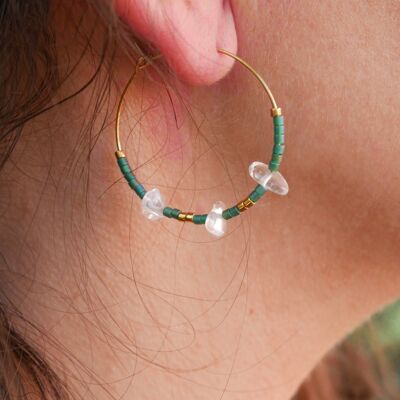 Boucles d'oreilles créoles en perles Miyuki et Cristal de roche - Vert