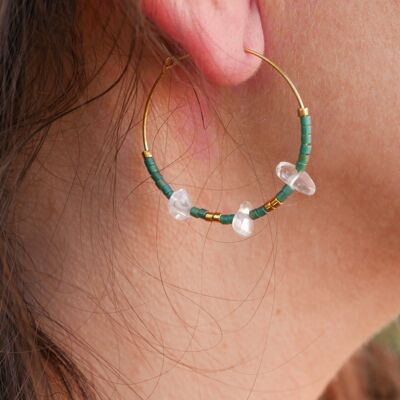 Boucles d'oreilles créoles en perles Miyuki et Cristal de roche - Vert