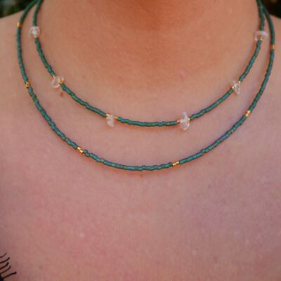 Zweireihige Halskette aus Miyuki Delica-Perlen und Bergkristall