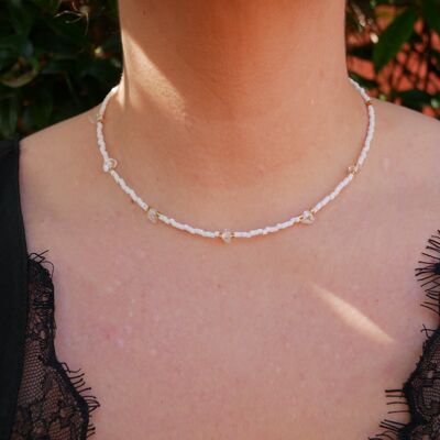 Miyuki Delica pearl and rock crystal necklace - White