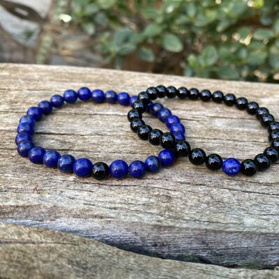 Elastic distance and couple bracelets in Black Agate and Lapis Lazuli